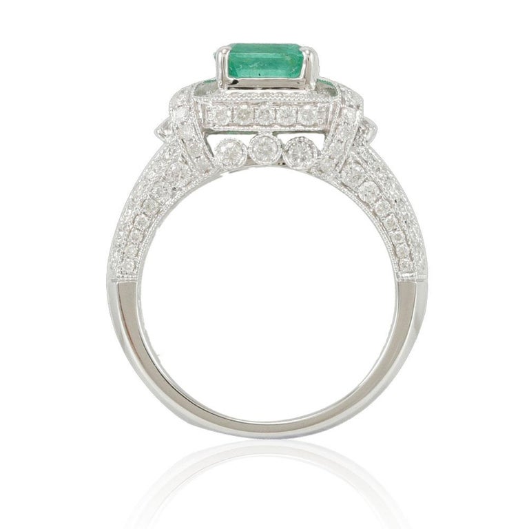 Contemporary Suzy Levian 14K White Gold Colombian Emerald White Diamonds Ring For Sale