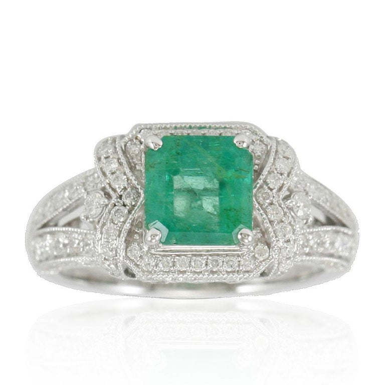 Emerald Cut Suzy Levian 14K White Gold Colombian Emerald White Diamonds Ring For Sale