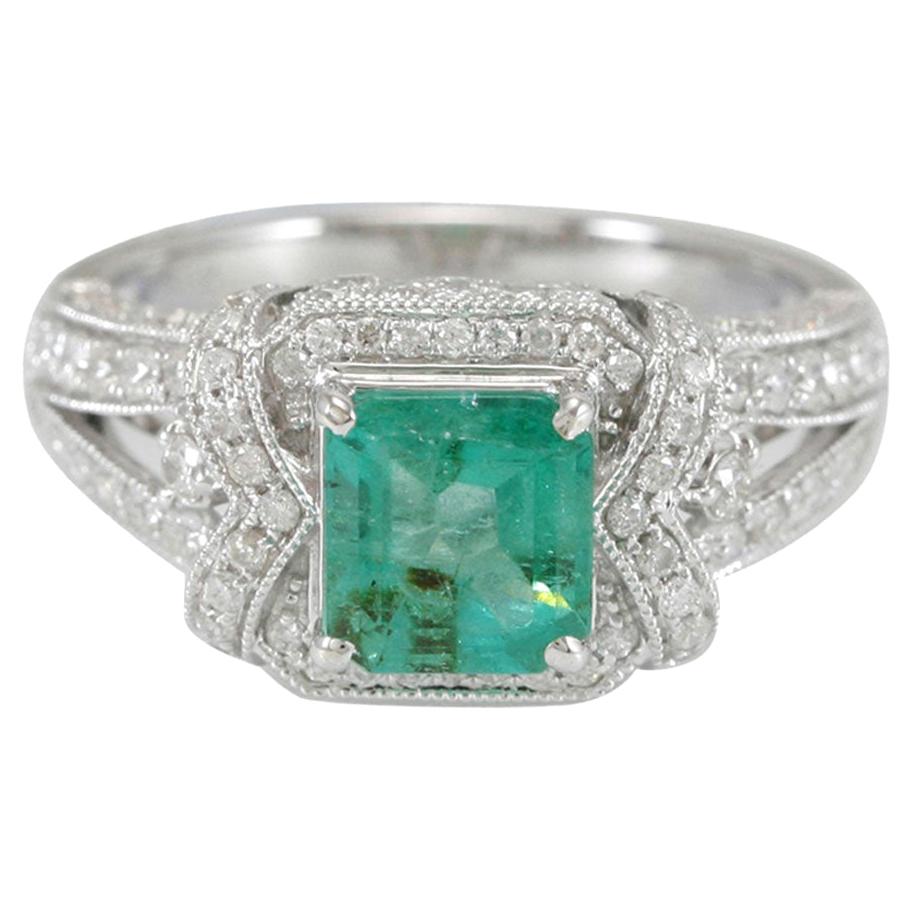 Suzy Levian 14K White Gold Colombian Emerald White Diamonds Ring