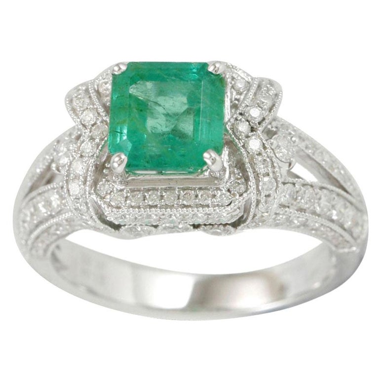 Suzy Levian 14K White Gold Colombian Emerald White Diamonds Ring For Sale