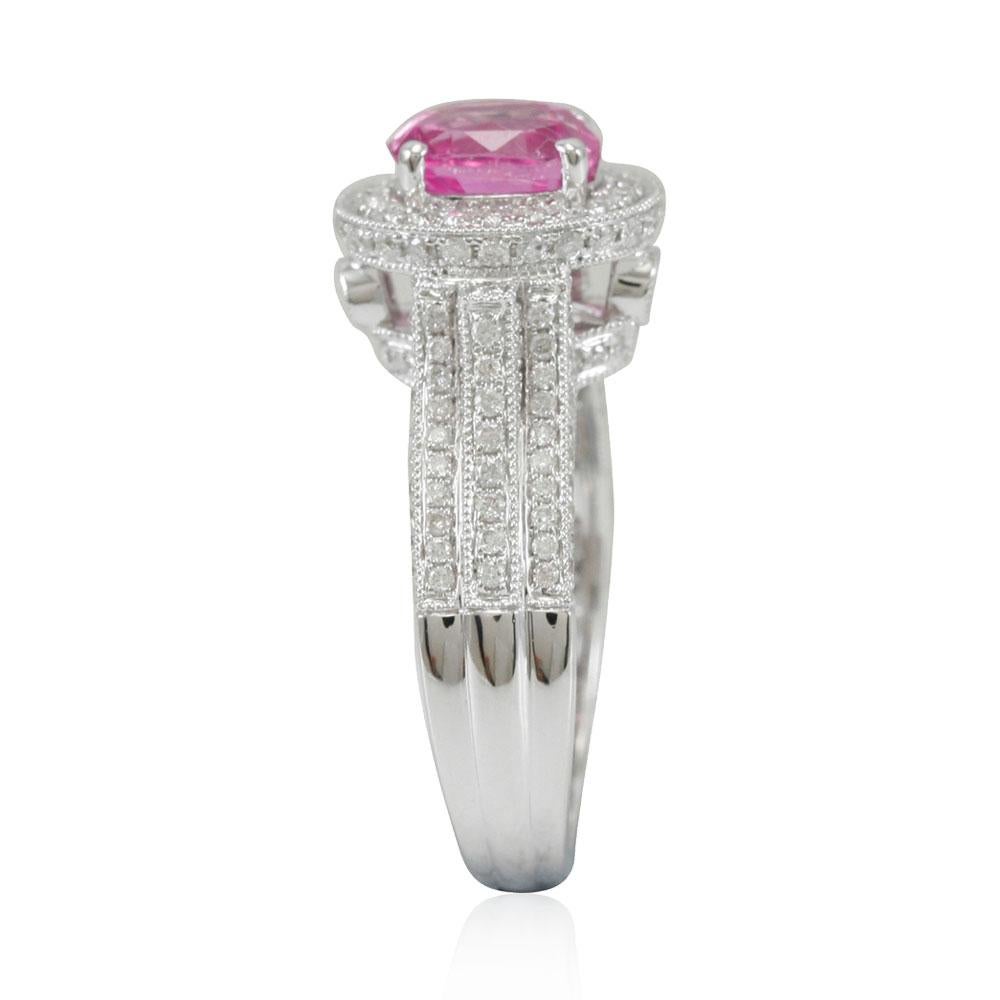 Contemporary Suzy Levian 14 Karat White Gold Oval Ceylon Pink Sapphire and Diamond Ring For Sale
