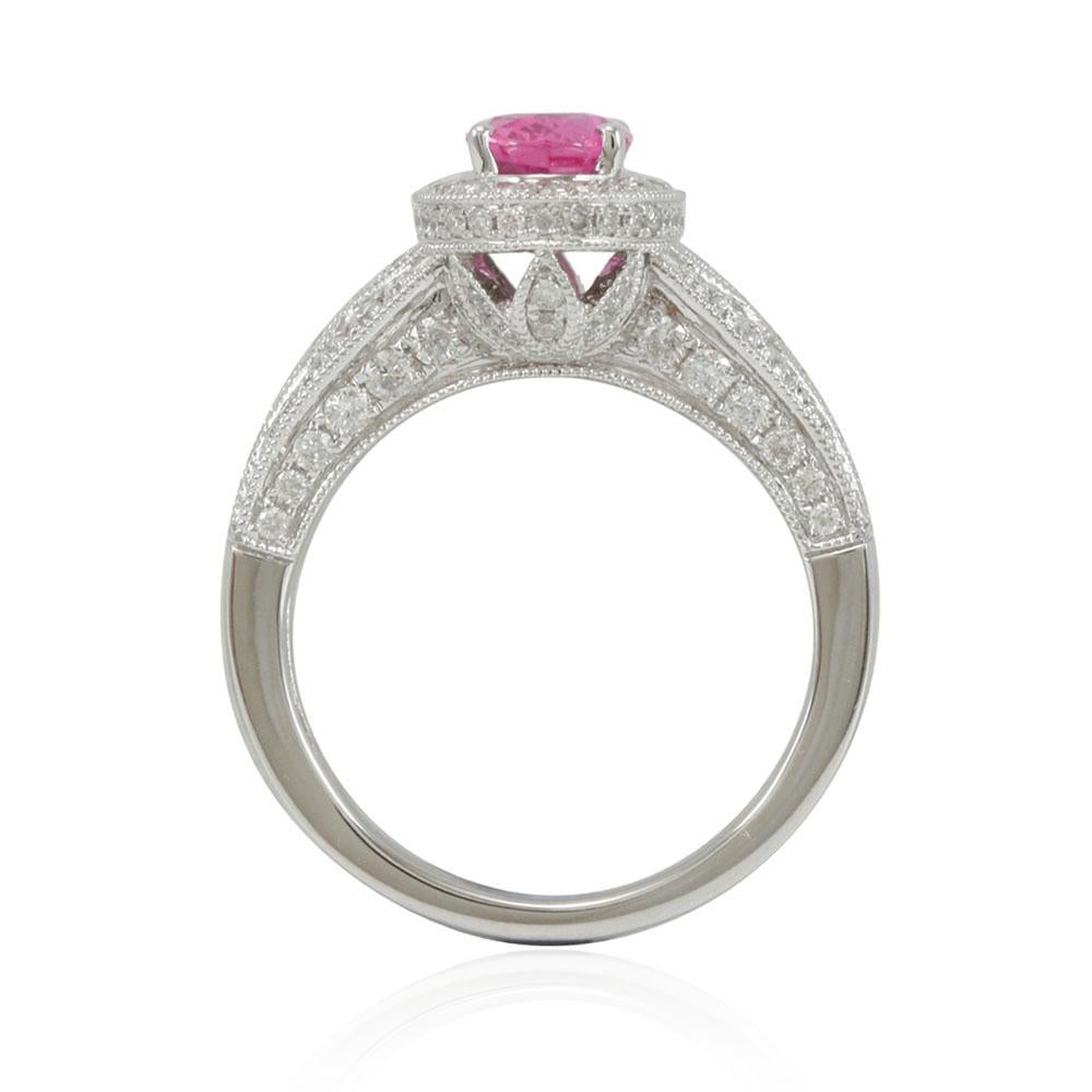 Contemporary Suzy Levian 14 Karat White Gold Oval-Cut Pink Ceylon Sapphire and Diamond Ring For Sale