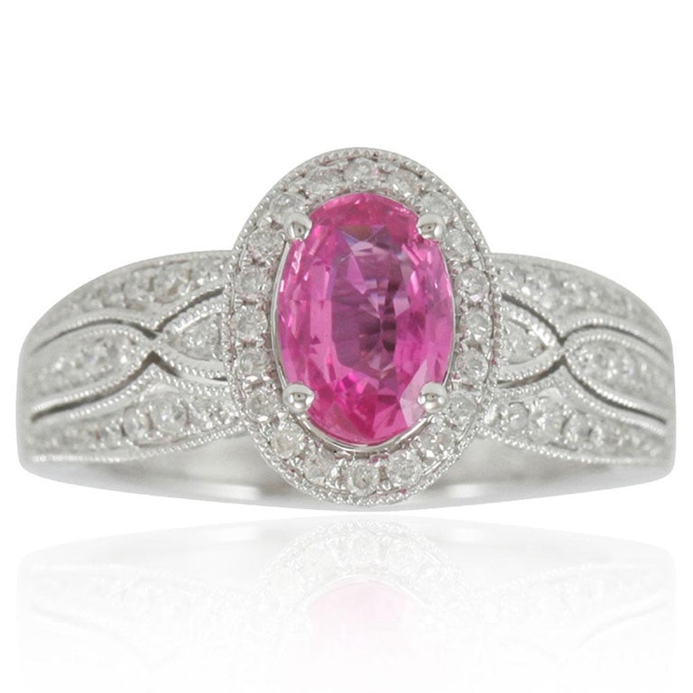 Suzy Levian 14K White Gold Oval Cut Pink Ceylon Sapphire and White Diamond Ring In New Condition For Sale In Great Neck, NY