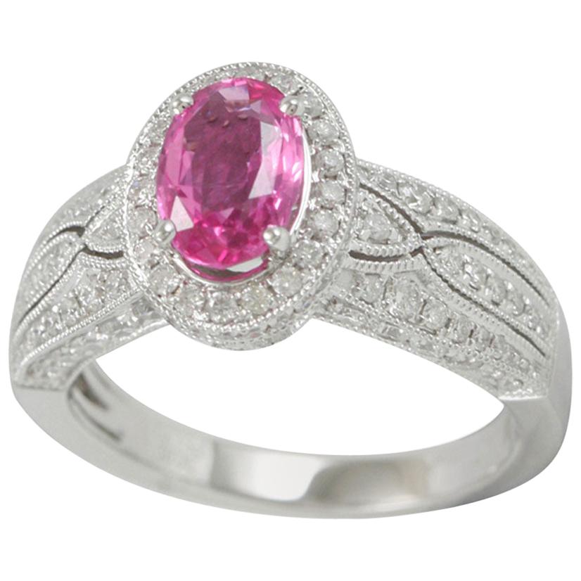 Suzy Levian: 14 Karat Weißgold Ring mit rosa Ceylon Saphir im Ovalschliff und weißen Diamanten