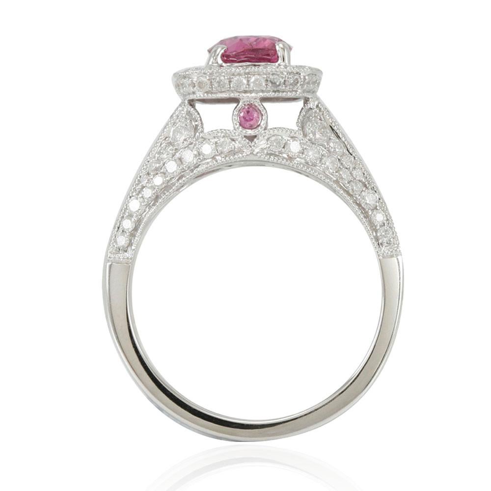 Contemporary Suzy Levian 14 Karat White Gold Pink Cushion Cut Sapphire White Diamonds Ring For Sale