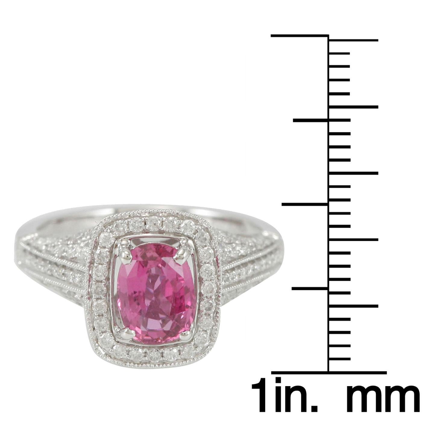 Women's Suzy Levian 14 Karat White Gold Pink Cushion Cut Sapphire White Diamonds Ring For Sale