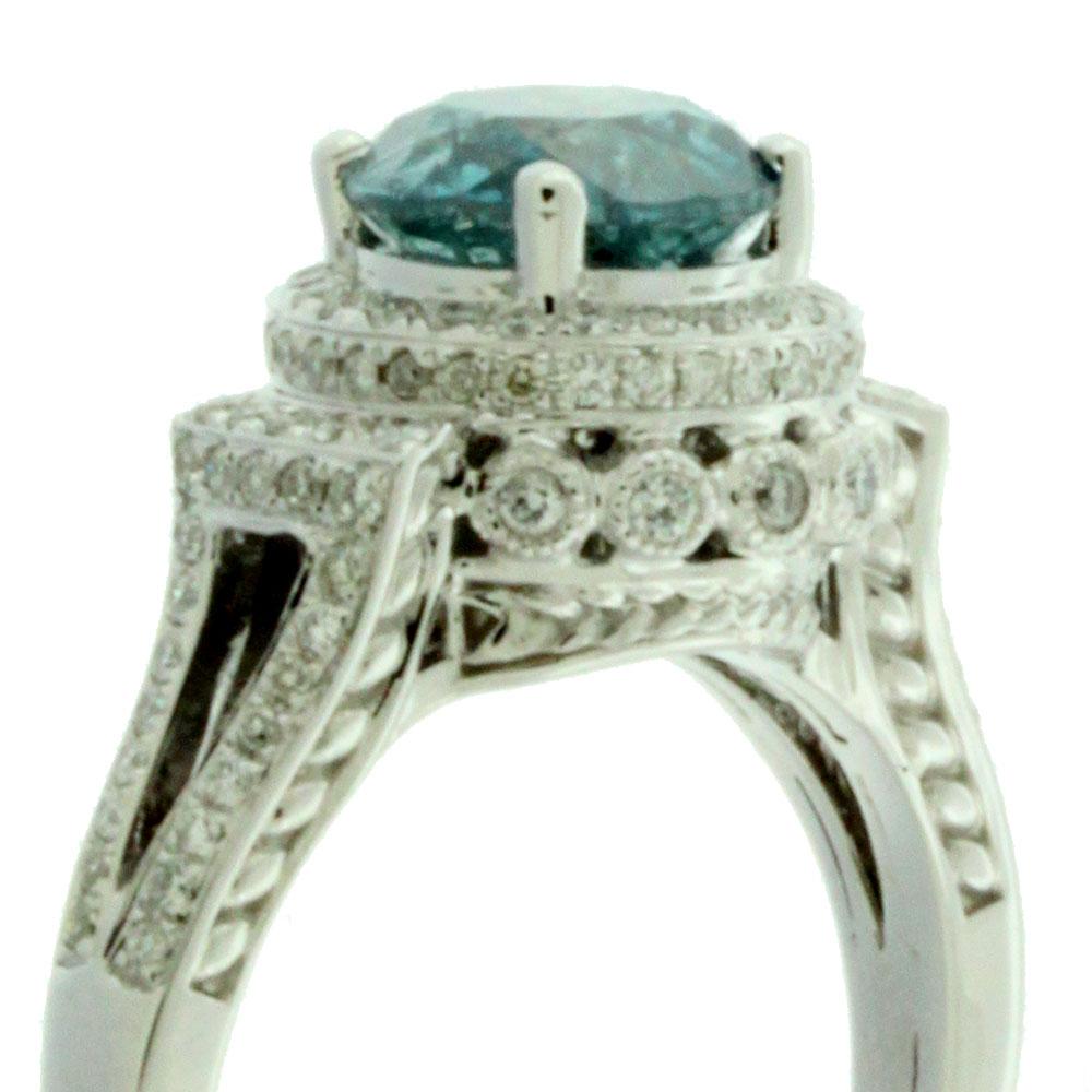 Round Cut Suzy Levian 14K White Gold Round Blue and White Diamond Halo Engagement Ring