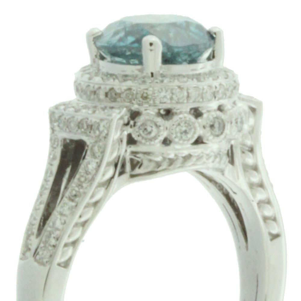 Suzy Levian 14K White Gold Round Blue and White Diamond Halo Engagement Ring In New Condition In Great Neck, NY