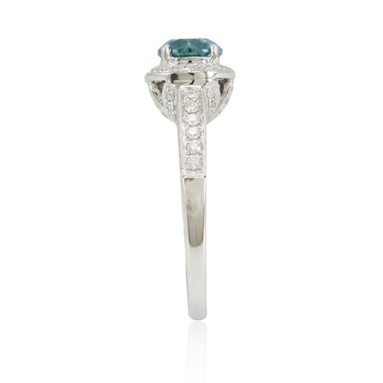 Contemporary Suzy Levian 14K White Gold Round Blue and White Diamond Halo Engagement Ring For Sale