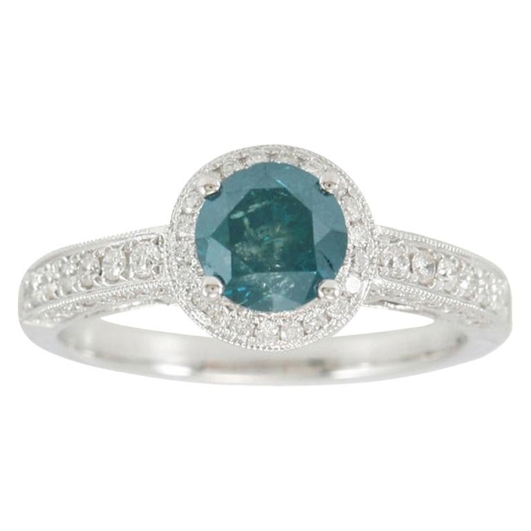 Suzy Levian Bague de fiançailles en or blanc 14 carats avec halo de diamants bleus et blancs ronds