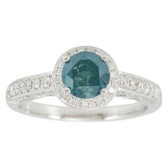 Suzy Levian 14K White Gold Round Blue and White Diamond Halo Engagement Ring