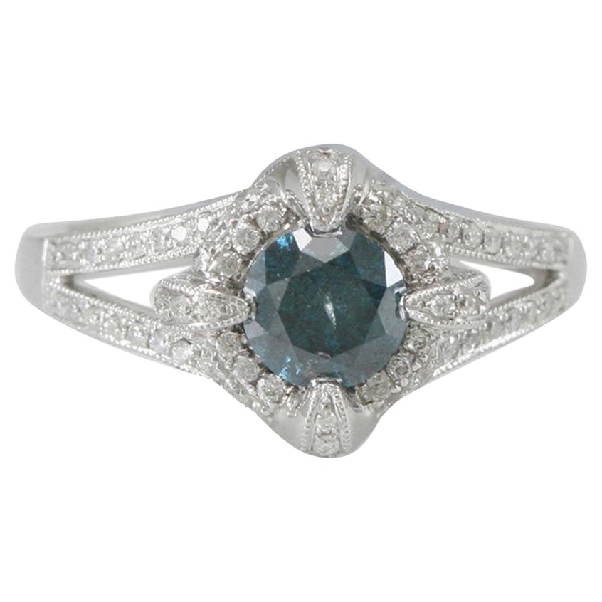Suzy Levian 14K White Gold Round Blue and White Diamond Halo Engagement Ring