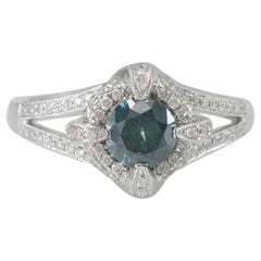 Suzy Levian 14K White Gold Round Blue and White Diamond Halo Engagement Ring 