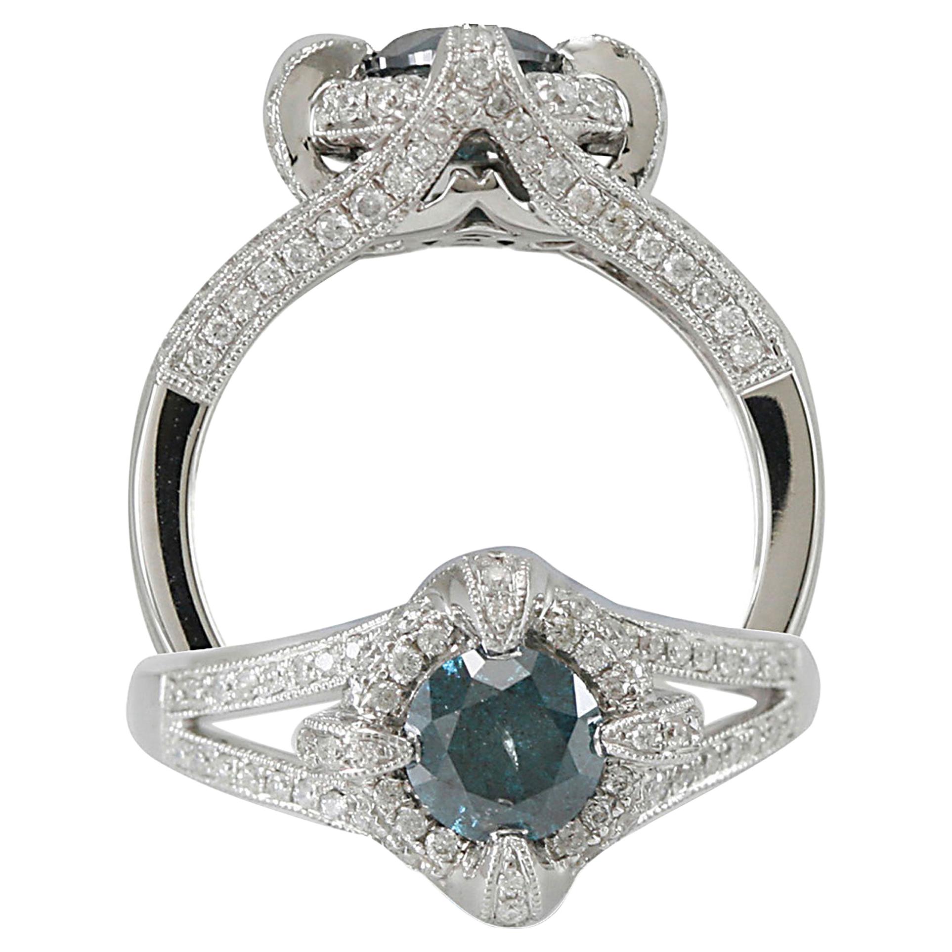Suzy Levian 14K White Gold Round Blue and White Diamond Ring