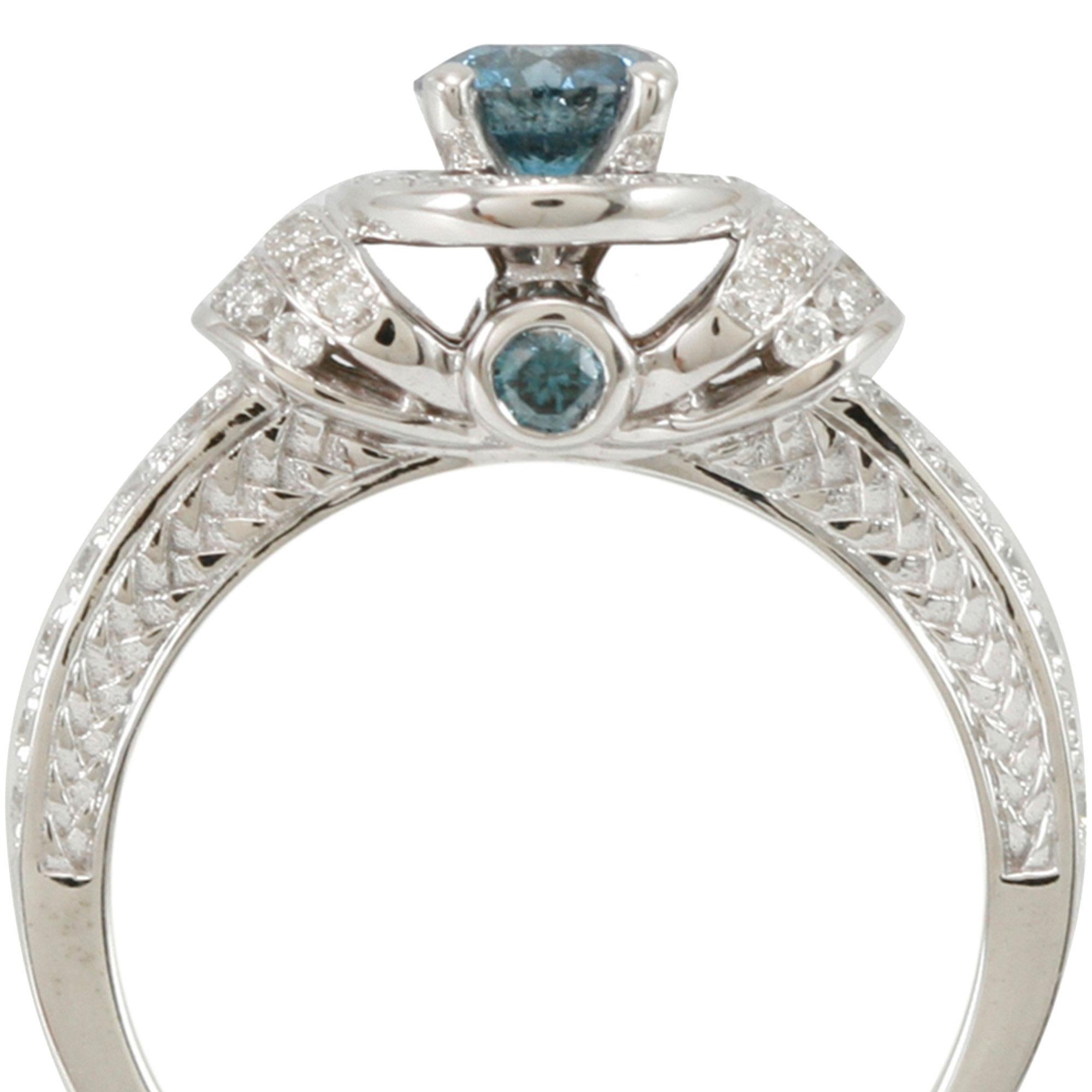 Contemporary Suzy Levian 14 Karat White Gold Round Blue White Diamond Halo Engagement Ring