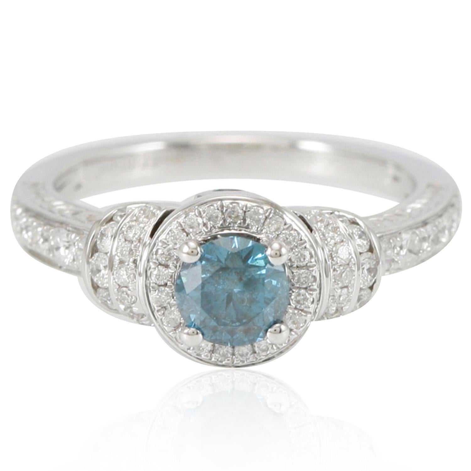 Round Cut Suzy Levian 14 Karat White Gold Round Blue White Diamond Halo Engagement Ring