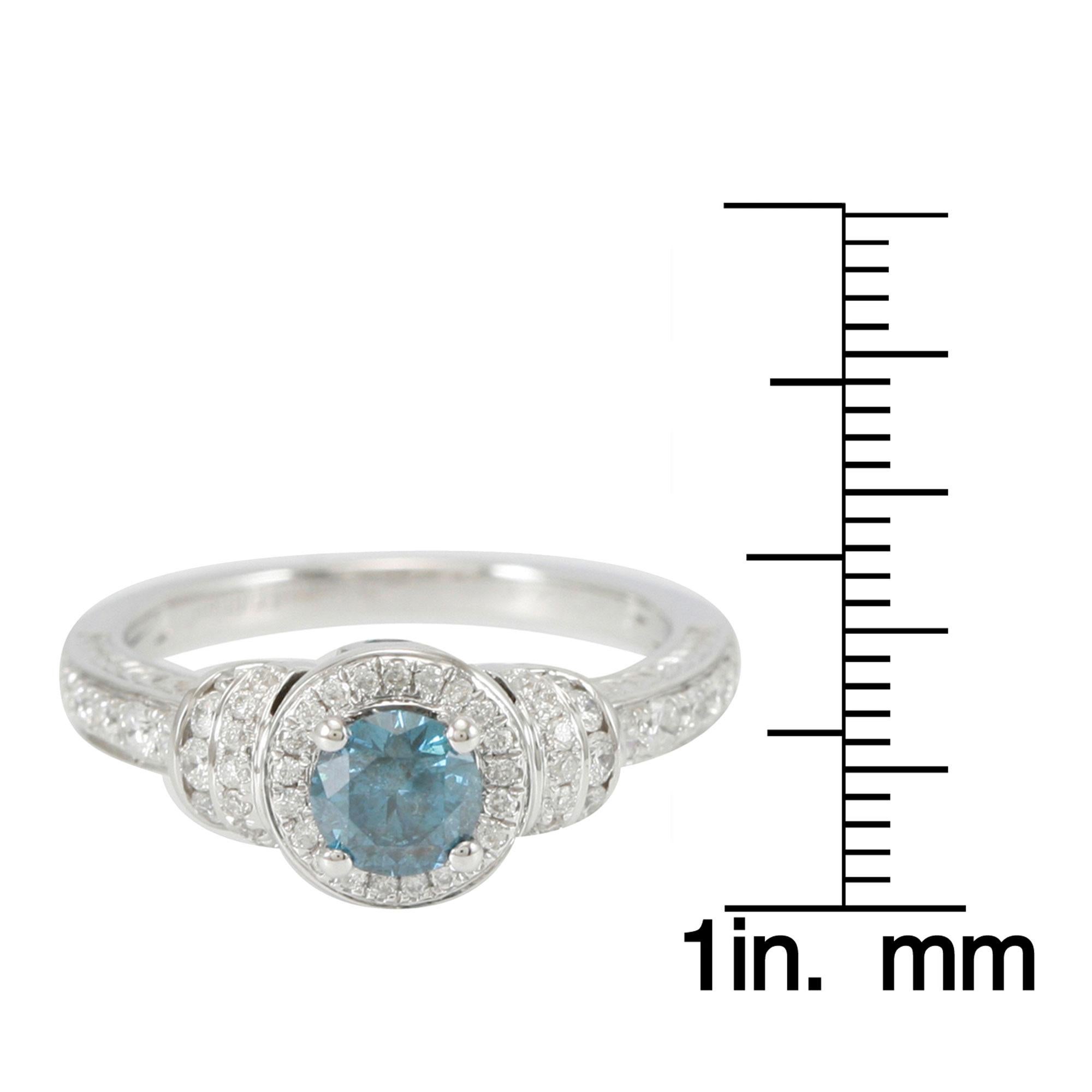 Suzy Levian 14 Karat White Gold Round Blue White Diamond Halo Engagement Ring In New Condition In Great Neck, NY
