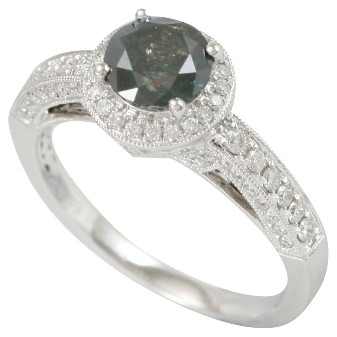 Suzy Levian 14K White Gold Round Blue-Green and White Diamond Halo Ring