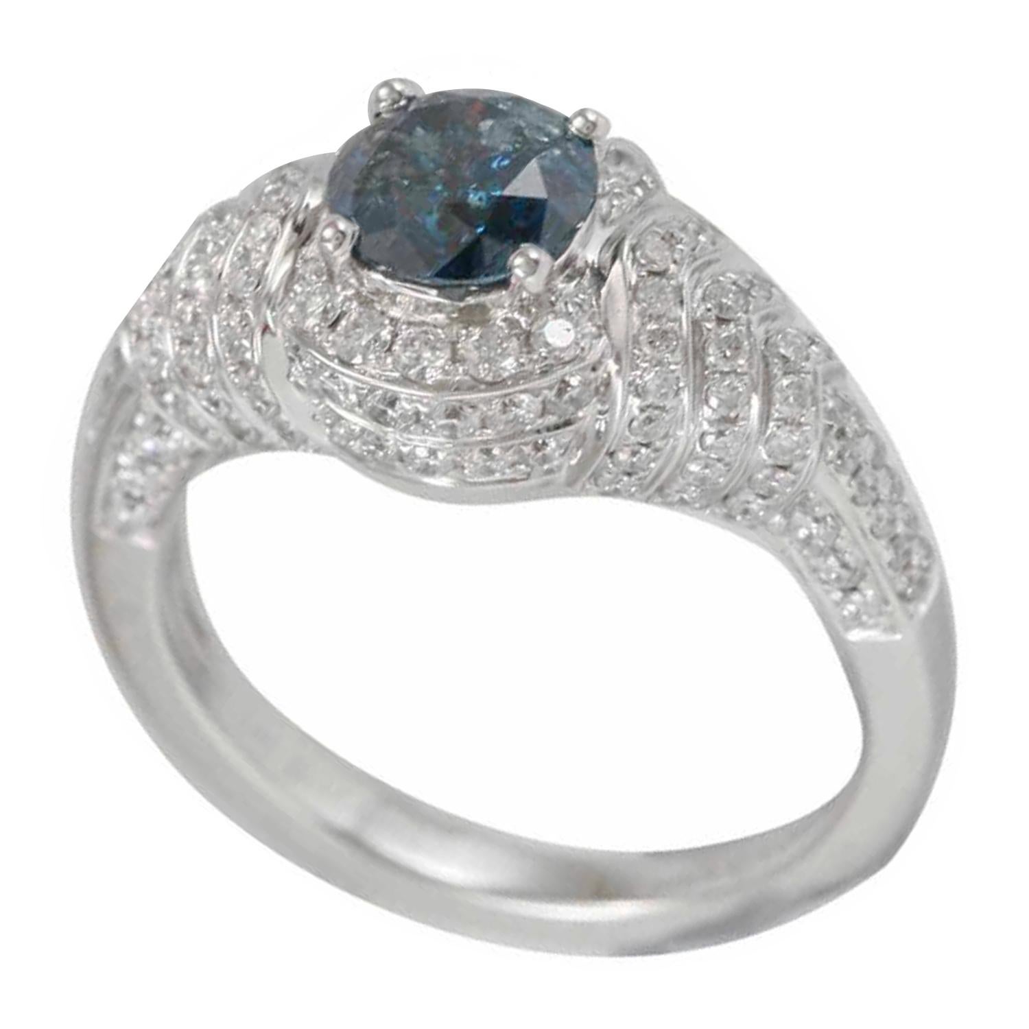 Suzy Levian Bague de fiançailles de mariage en or blanc 14 carats avec diamants bleus et blancs ronds en vente