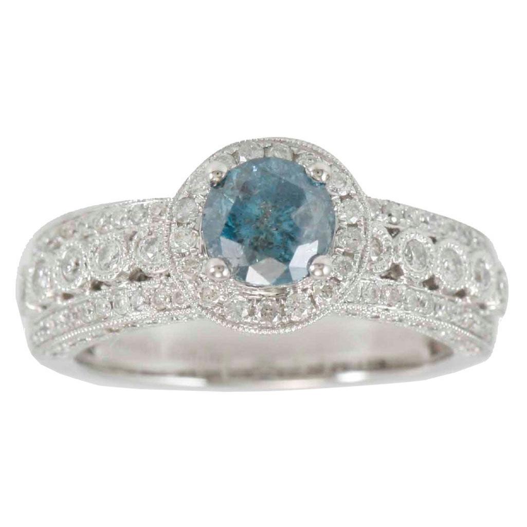 Suzy Levian 14K White Gold Round Blue & White Diamond Halo Engagement Ring 