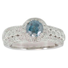 Suzy Levian 14K White Gold Round Blue & White Diamond Halo Engagement Ring 