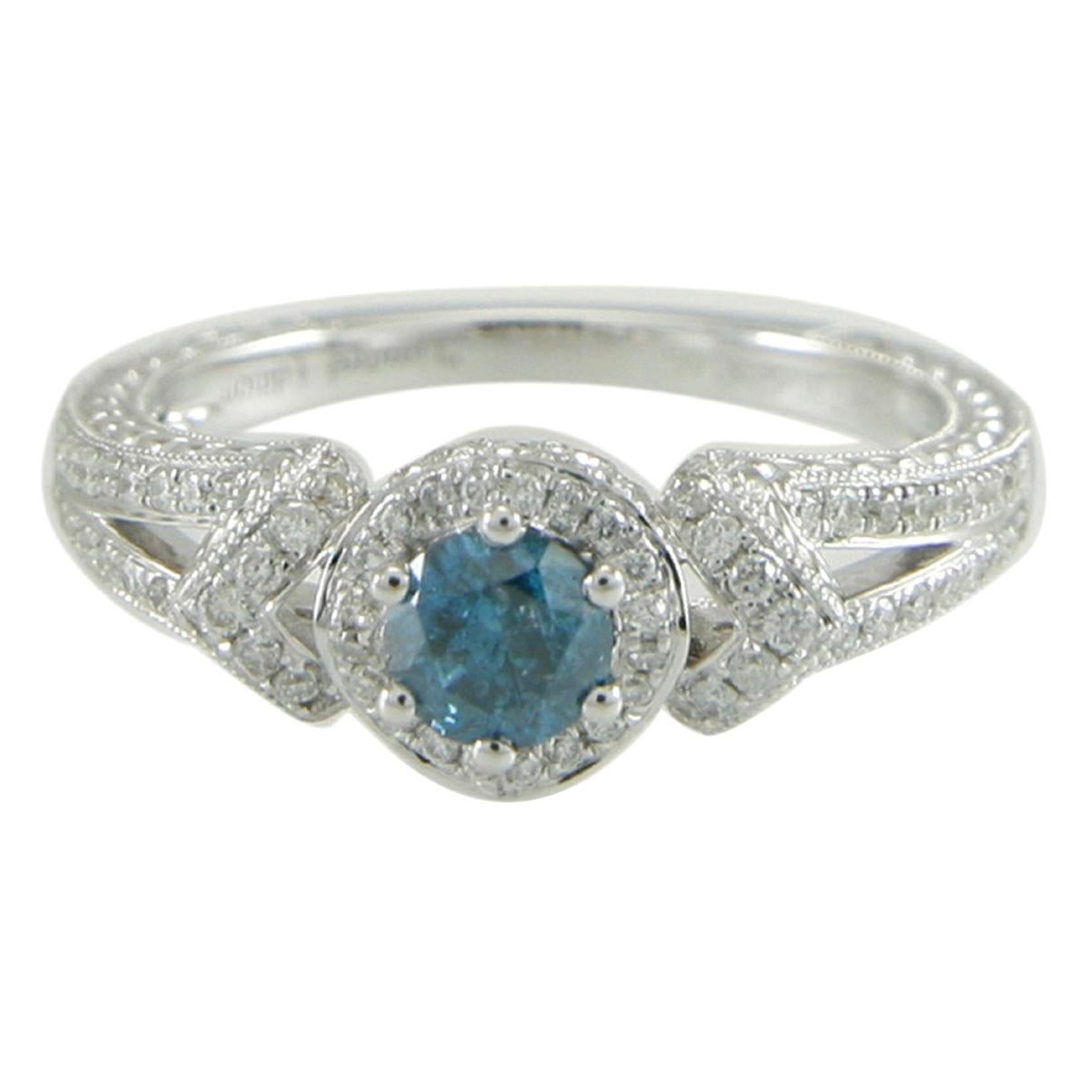 Suzy Levian 14K White Gold Round Blue & White Diamond Halo Engagement Ring