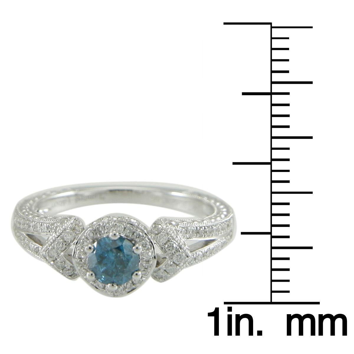 Taille ronde Suzy Levian Bague en or blanc 14 carats avec halo de diamants bleus et blancs ronds  en vente