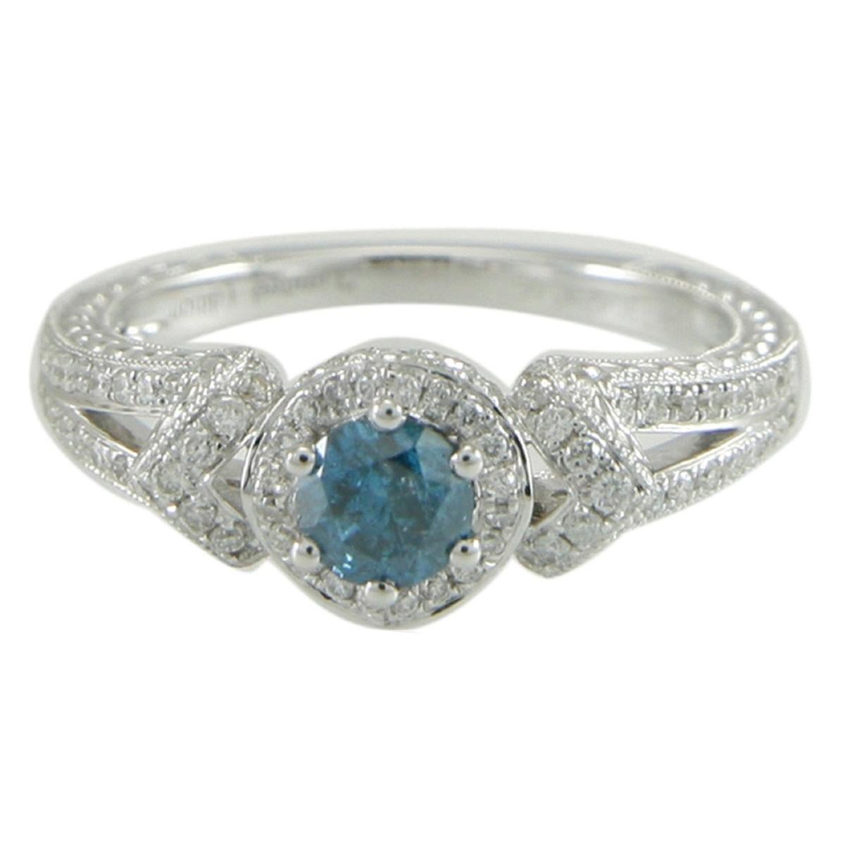 Suzy Levian 14K White Gold Round Blue & White Diamond Halo Ring  For Sale