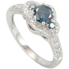 Suzy Levian 14K White Gold Round Blue White Diamond Pave Halo Engagement Ring
