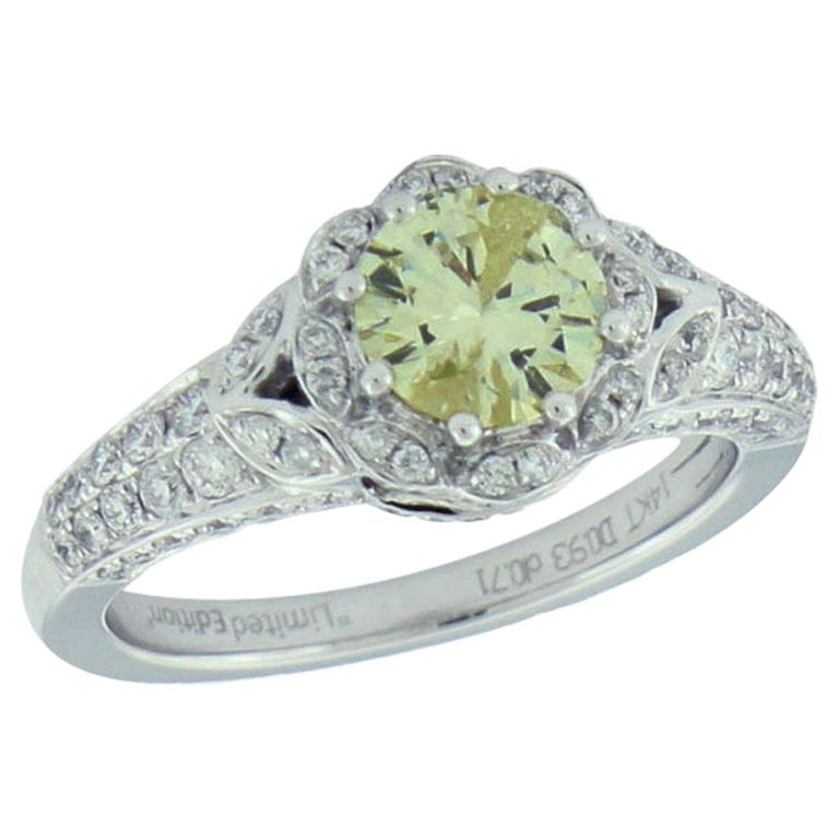 Suzy Levian 14K White Gold Round Yellow and White Diamond Bridal Flower Ring