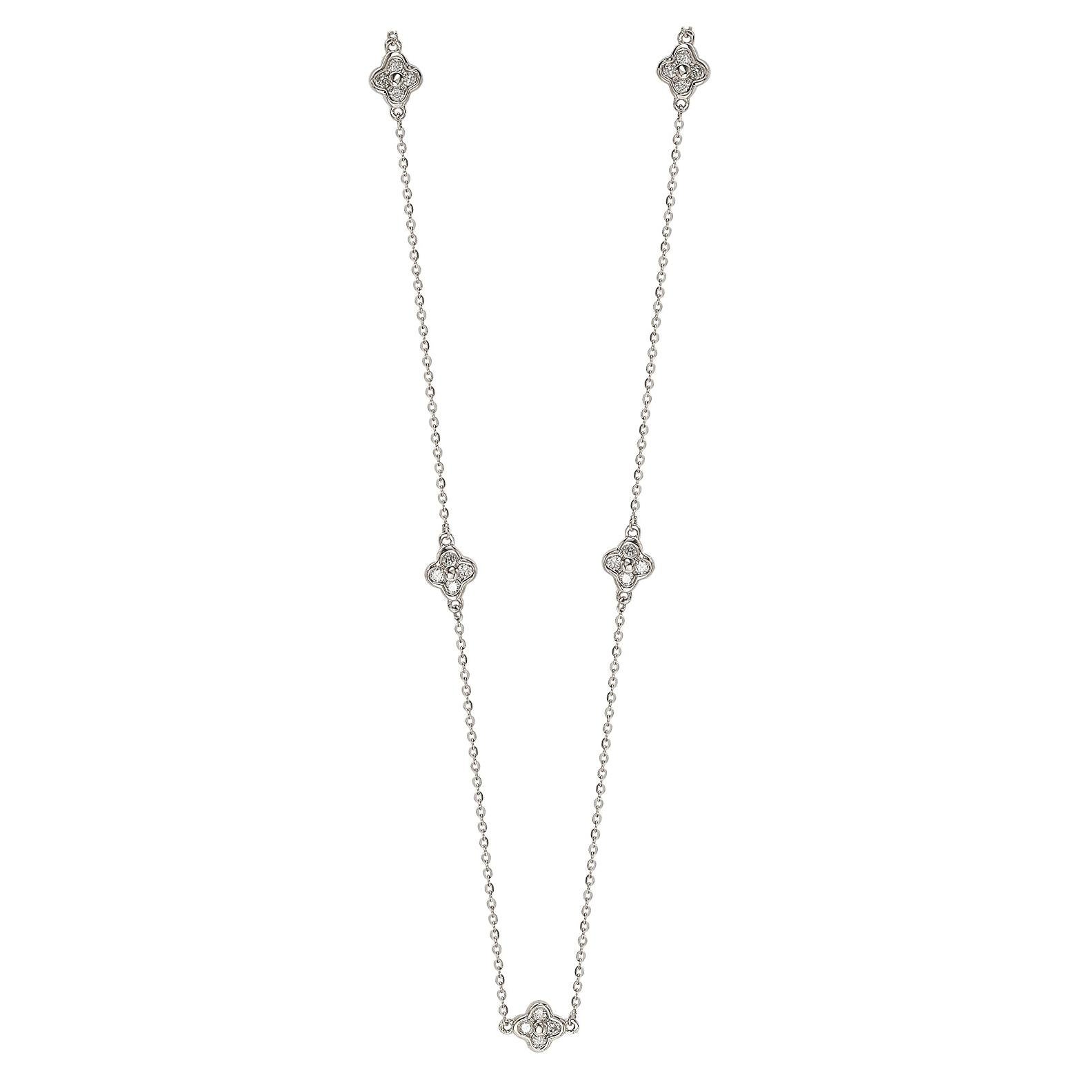 Suzy Levian, Station-Halskette, 14 Karat Weißgold, weißer Diamant, 5 Kleeblätter pro Meter