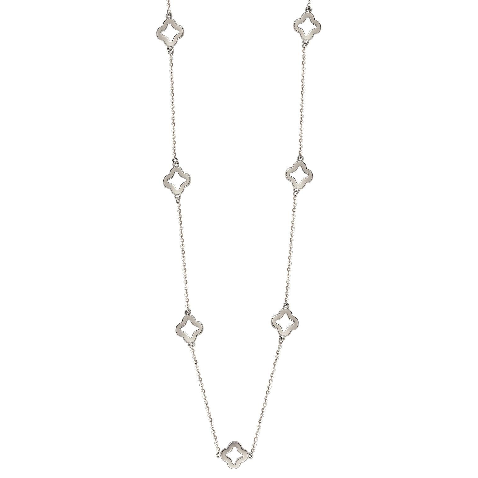 This unique Suzy Levian diamond open clover by the yard necklace displays round-cut diamonds on 14 karat white gold setting. This gorgeous necklace contains 126, 1 mm white round cut diamonds totaling 0.63 cttw. The necklace has 7 clovers, each