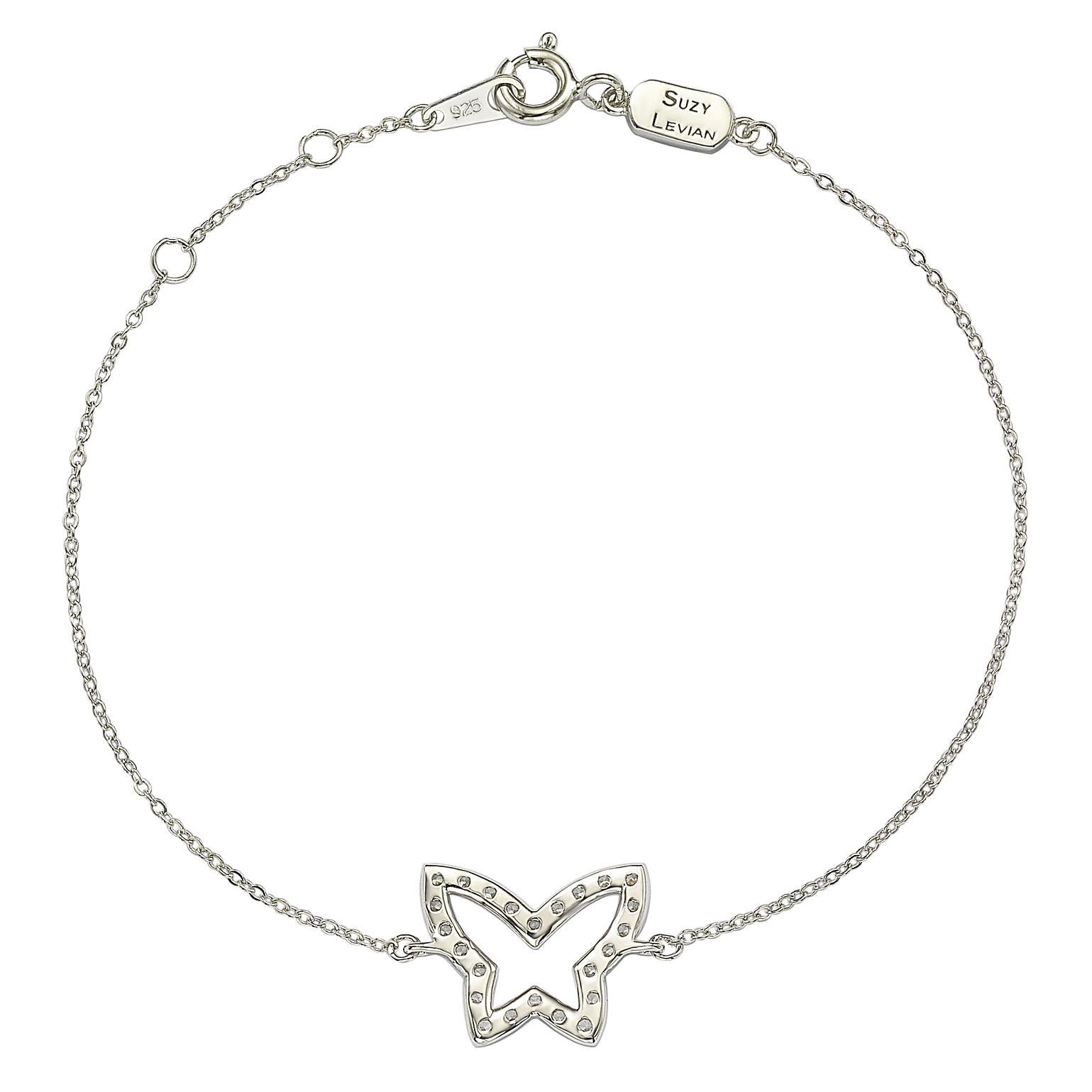 This elegant Suzy Levian butterfly solitaire bracelet features 24 diamonds, which are 1.4 mm size totals .30 cttw, all set in 14K white gold setting. Each diamond butterfly is attached to a chain that is secured with a spring ring closure with a