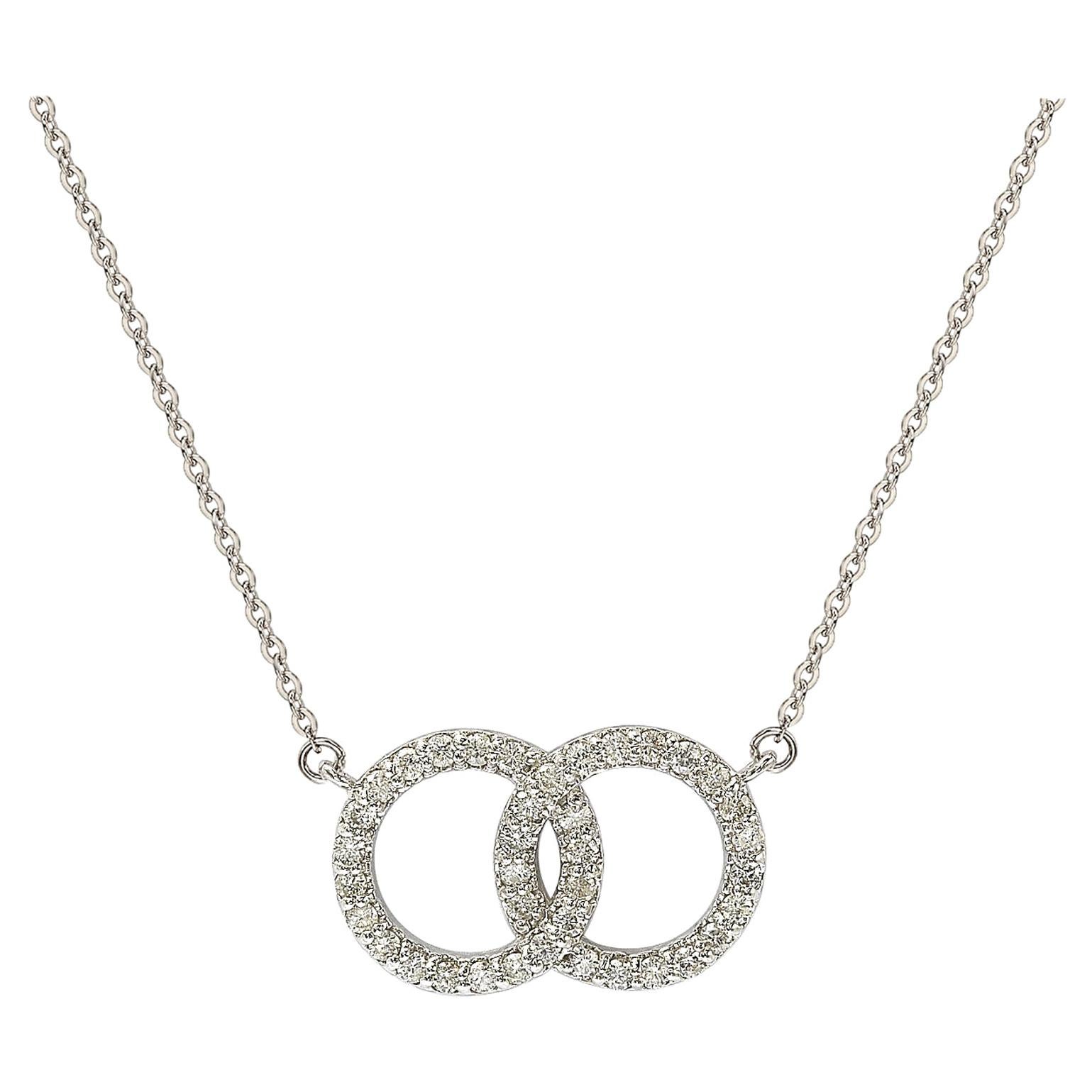 Suzy Levian 14K White Gold White Diamond Interlocking Circle Solitaire Necklace For Sale