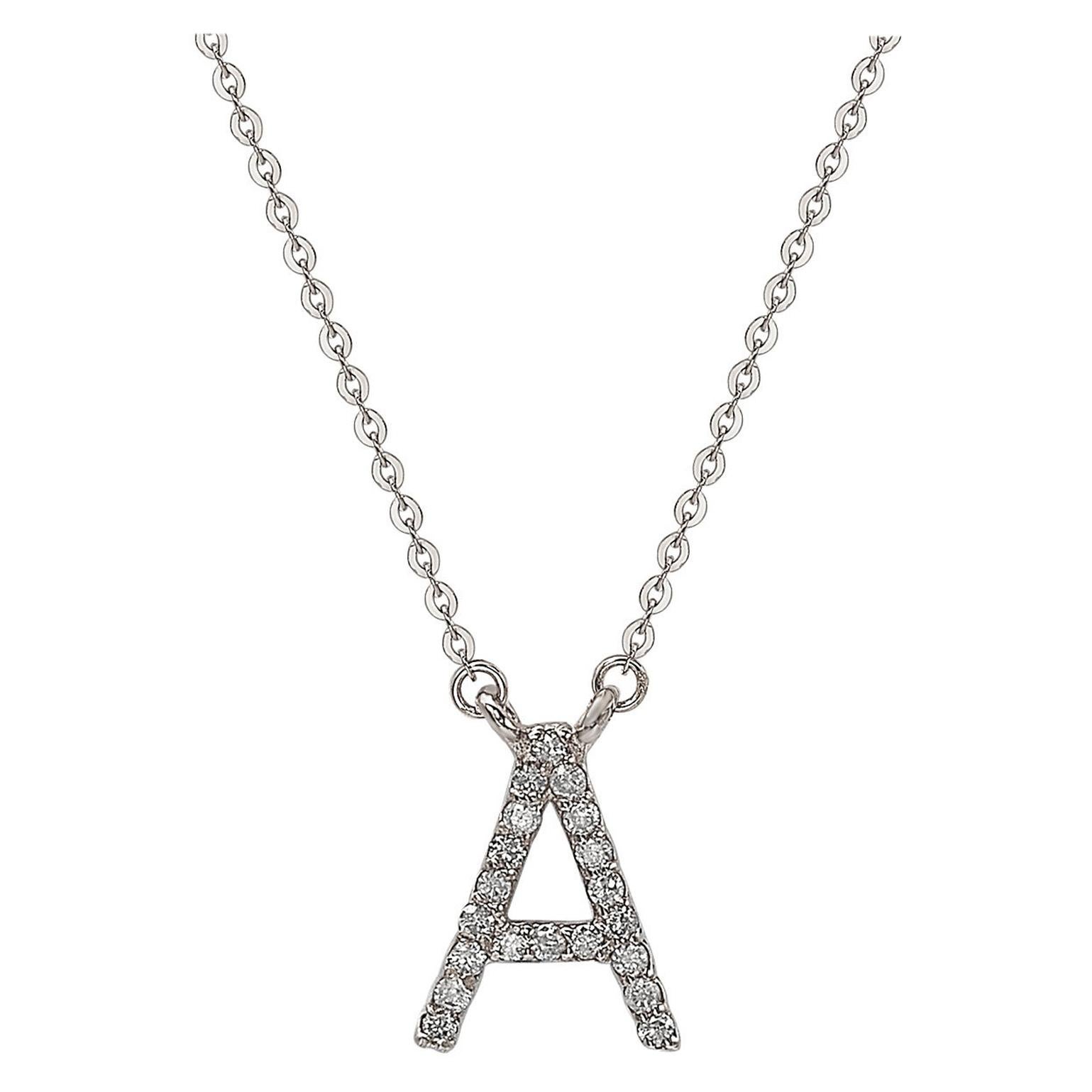 Suzy Levian 14k White Gold White Diamond Letter Initial Necklace, A For Sale