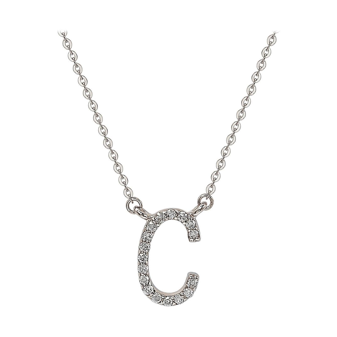 Suzy Levian 14k White Gold White Diamond Letter Initial Necklace, C For Sale
