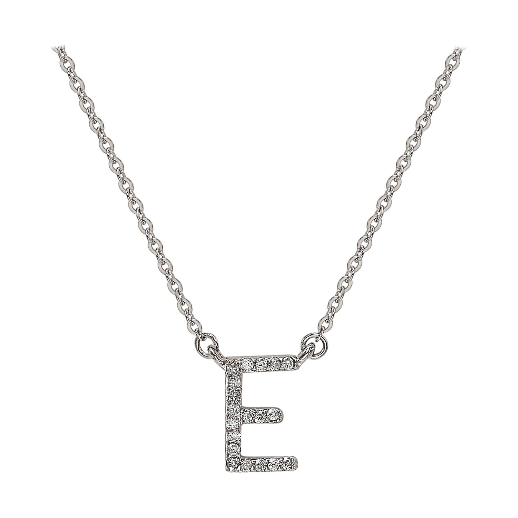 Suzy Levian 0.10 Carat White Diamond 14K White Gold Letter Initial Necklace, E For Sale