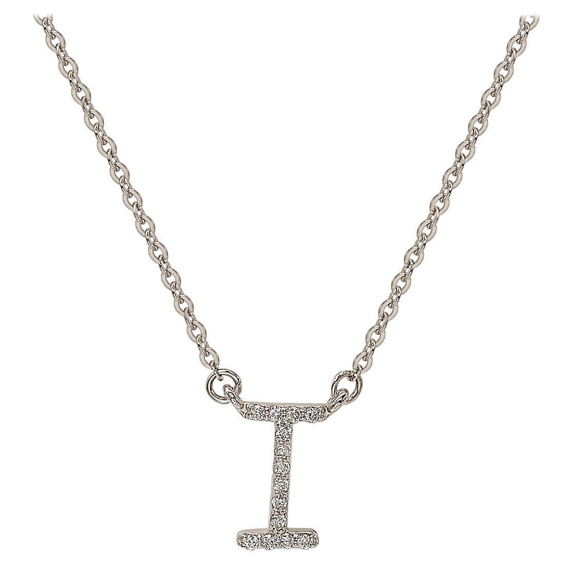 Suzy Levian 0.10 Carat White Diamond 14k White Gold Letter Initial Necklace, I For Sale