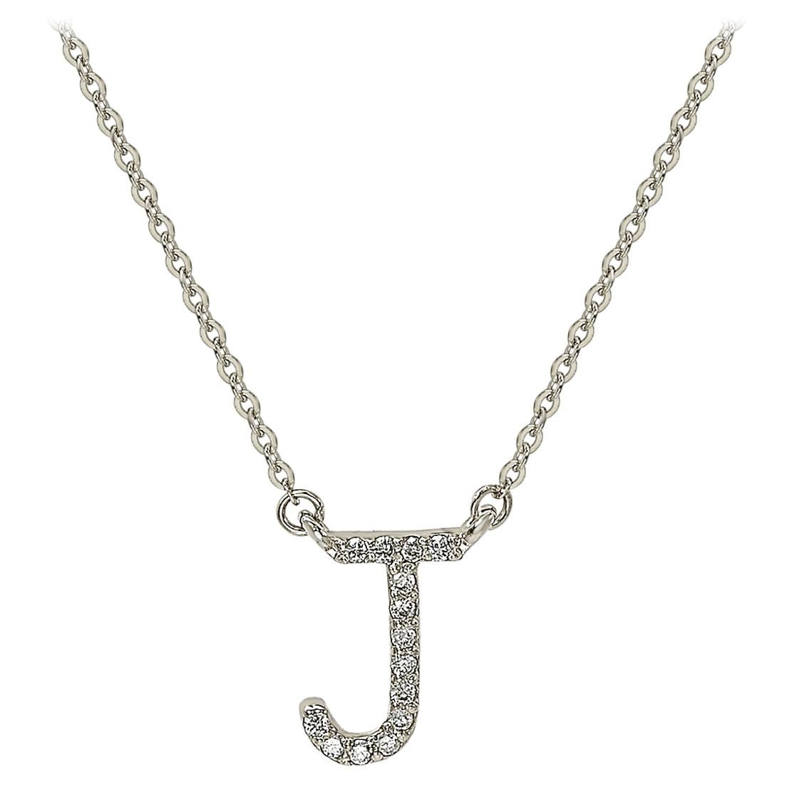 Suzy Levian 0.10 Carat White Diamond 14K White Gold Letter Initial Necklace, J For Sale