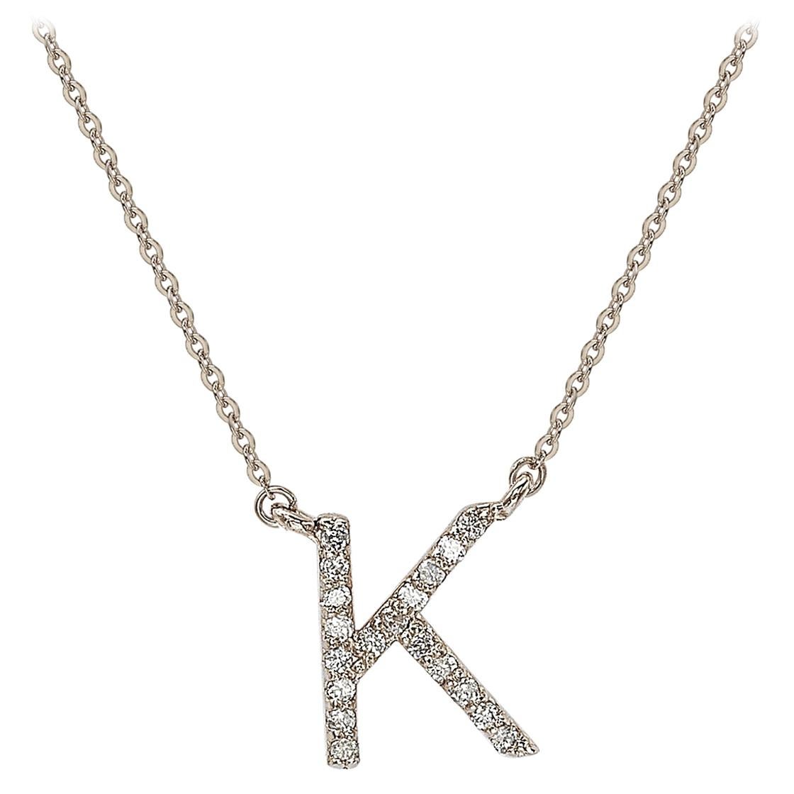 Suzy Levian 0.10 Carat White Diamond 14K White Gold Letter Initial Necklace, K For Sale