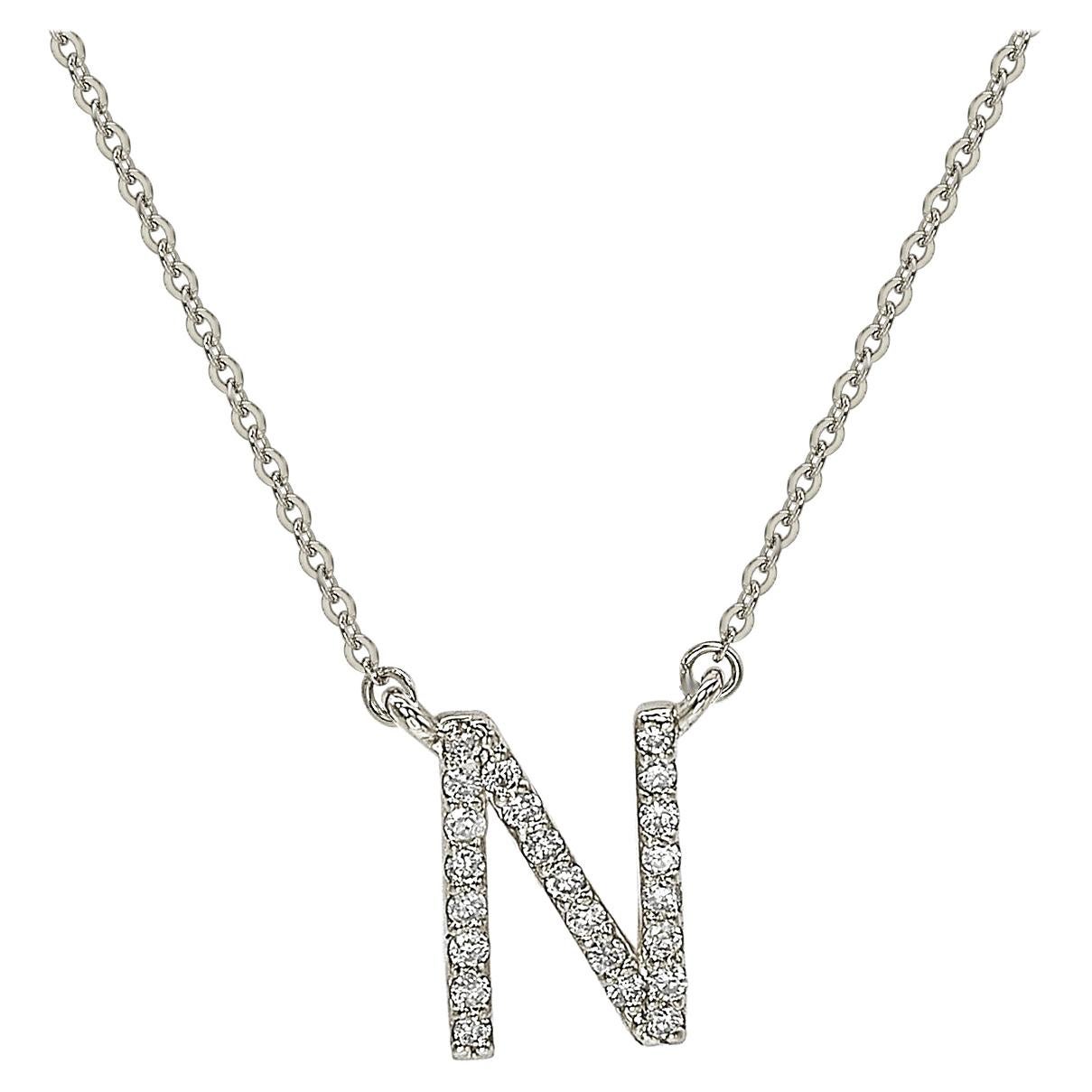 Suzy Levian 0.10 Carat White Diamond 14K White Gold Letter Initial Necklace, N For Sale
