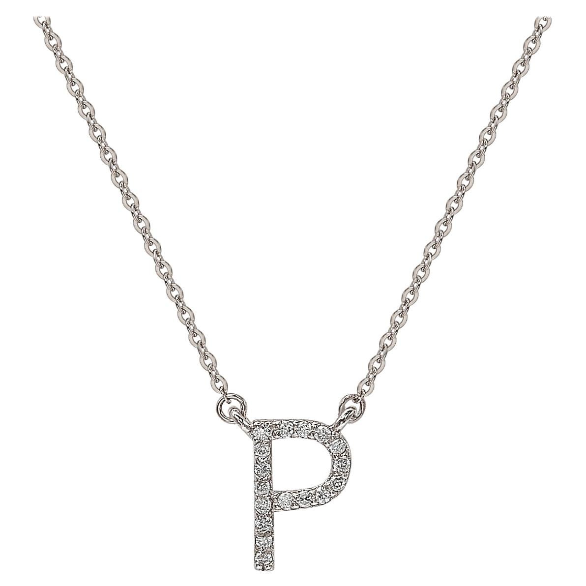 Suzy Levian 0.10 Carat White Diamond 14K White Gold Letter Initial Necklace, P For Sale