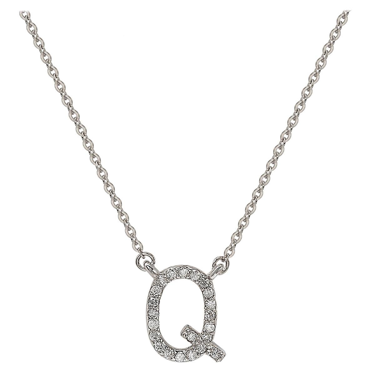  Suzy Levian 0.10 Carat White Diamond 14K White Gold Letter Initial Necklace, Q For Sale