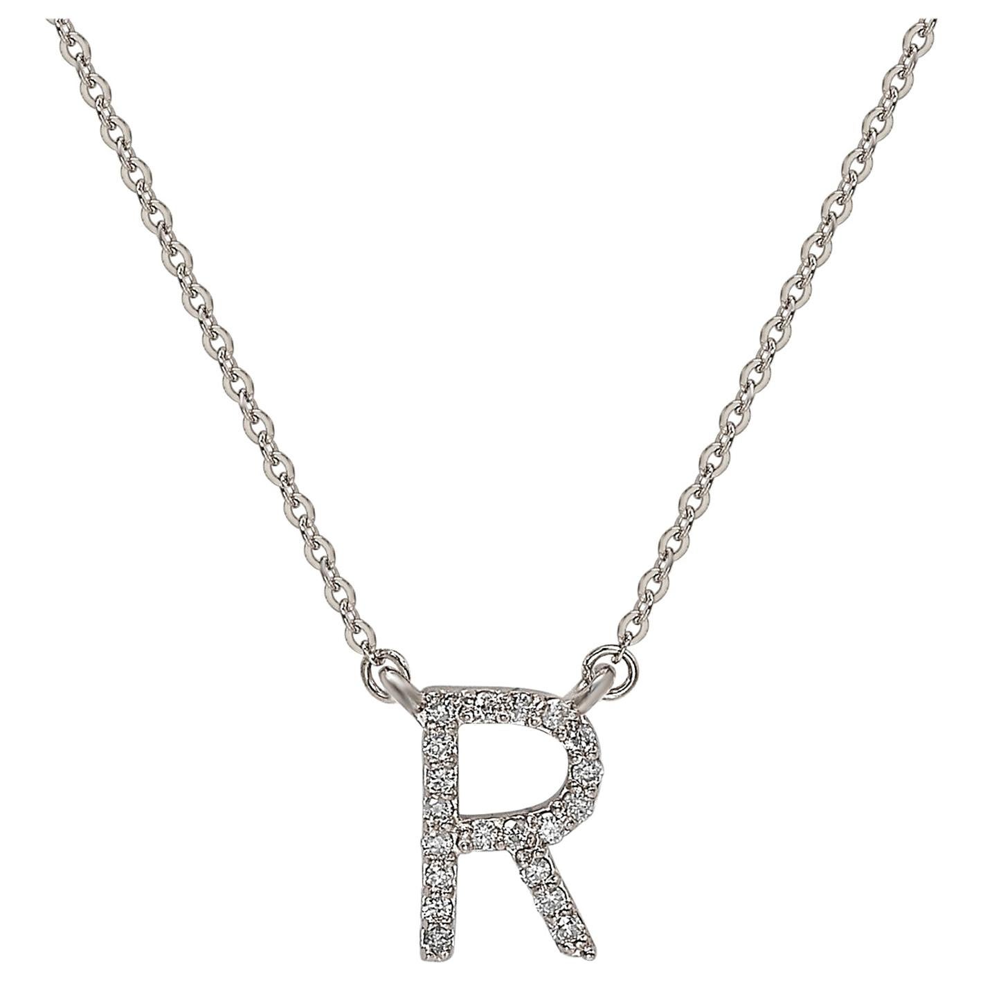 Suzy Levian 0.10 Carat White Diamond 14K White Gold Letter Initial Necklace, R