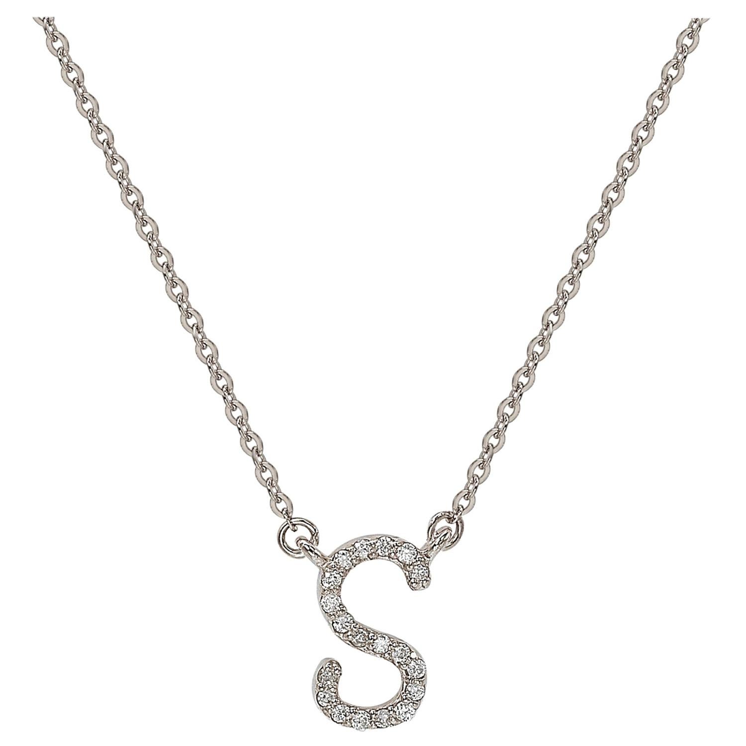 Suzy Levian 0.10 Carat White Diamond 14K White Gold Letter Initial Necklace, S For Sale