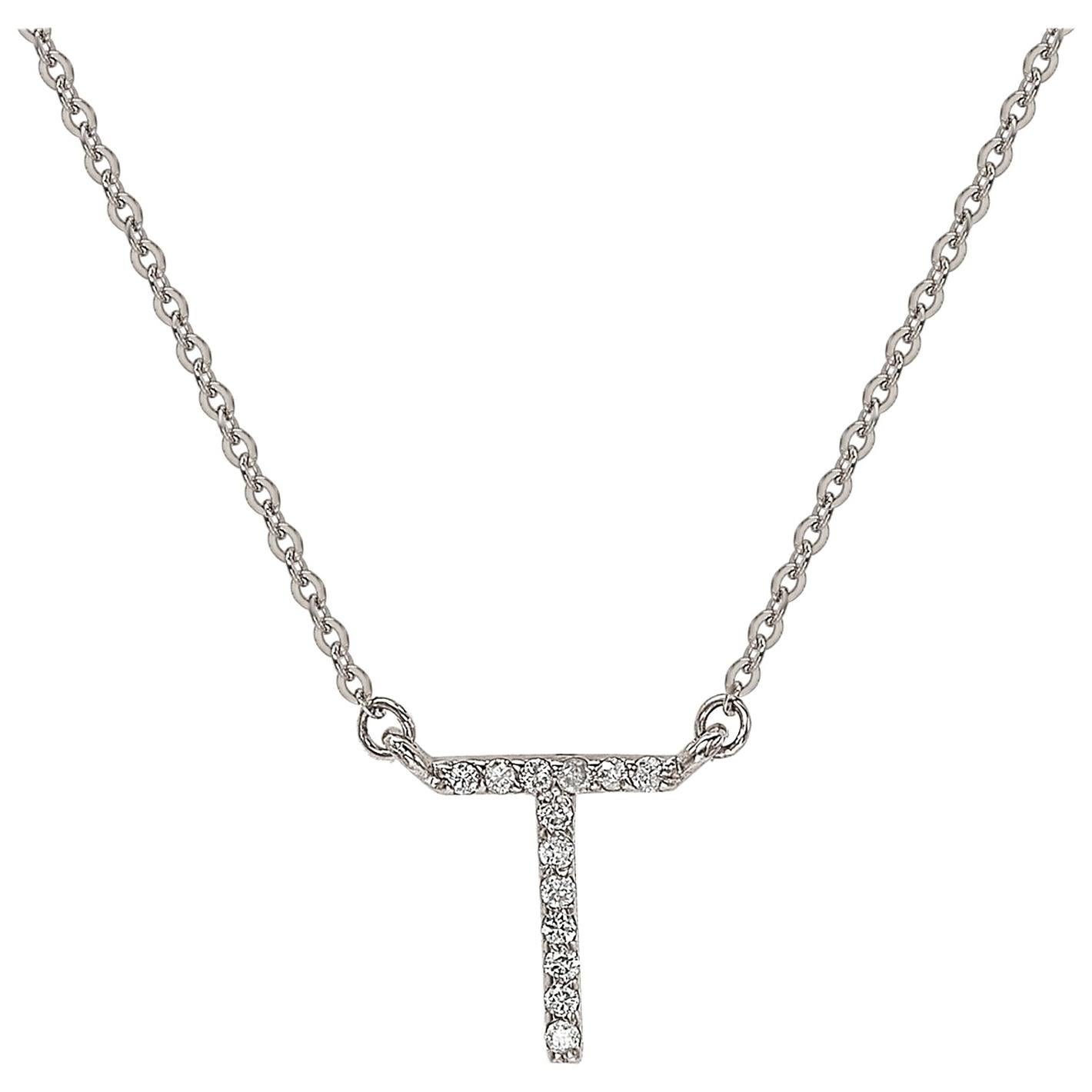 Suzy Levian 0.10 Carat White Diamond 14K White Gold Letter Initial Necklace, T For Sale
