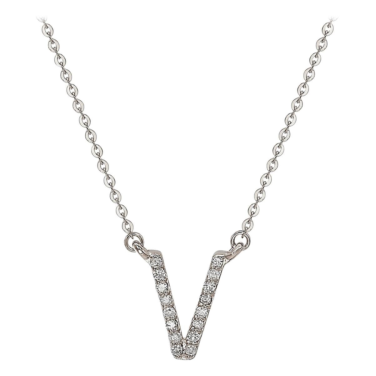 Suzy Levian 0.10 Carat White Diamond 14K White Gold Letter Initial Necklace, V