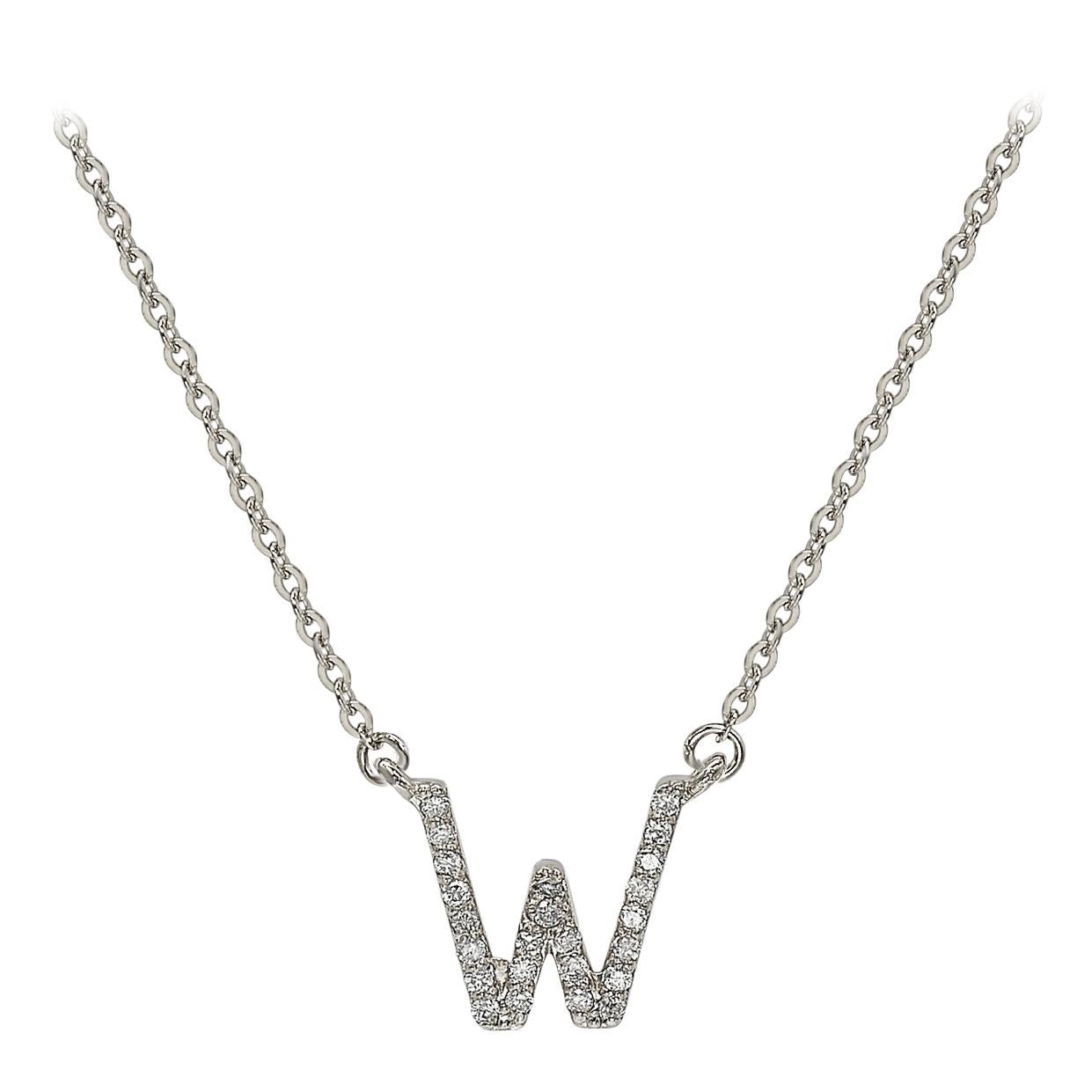 Suzy Levian, collana con iniziali di lettere in oro bianco 14K e diamanti bianchi da 0,10 carati, W in vendita
