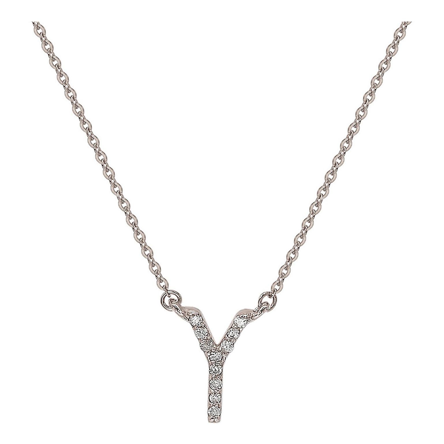 Suzy Levian 0.10 Carat White Diamond 14K White Gold Letter Initial Necklace, Y For Sale
