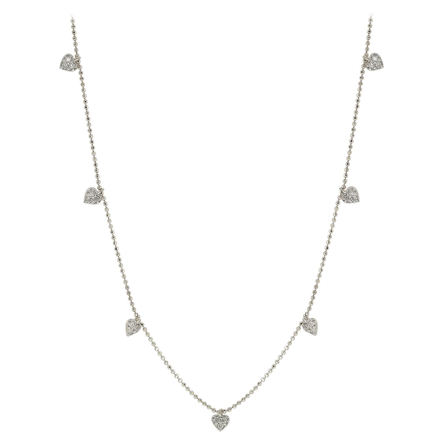 Suzy Levian 14K White Gold White Diamonds Heart Station Necklace For Sale